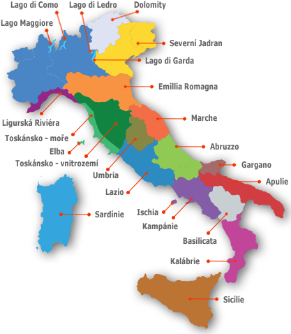 Dovolená Itálie - mapa oblastí v Itálii