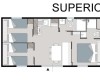 Půdorys pokoje Superior s ložnicemi, koupelnou a kuchyní.
