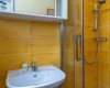 Koupelna se žlutými obklady, umyvadlem a sprchovým koutem.