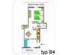 Půdorys bytu typu B4 s ložnicí, koupelnou, obývací kuchyní a dvěma balkony.