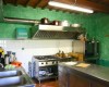 Kuchyně s kovovým nábytkem, sporákem a zelenými stěnami.  