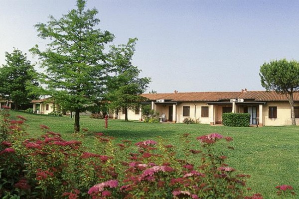 Trávník s keři a stromy před řadovými bungalovy s terakotovou střechou.  