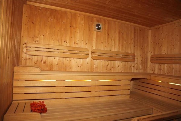 Dřevěná sauna s lavičkami a vědrem s listy v rohu.