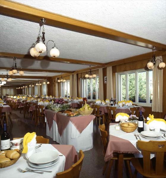 Restaurace s prostřenými stoly a výhledem do zahrady.