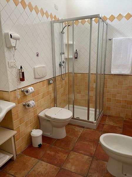 Koupelna s toaletou, bidetem a sprchovým koutem na dlažbě.