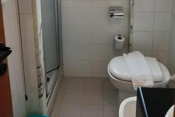 Koupelna s toaletou, sprchovým koutem a umyvadlem.