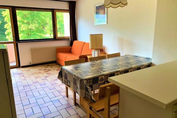 Slunný obývací pokoj s oranžovou pohovkou, jídelním stolem a velkými okny s výhledem do zeleně.