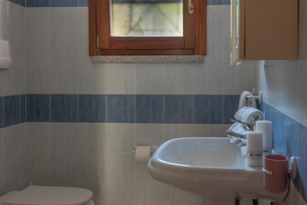 Koupelna s umyvadlem, toaletou a horizontálním oknem na modrobílých obkladech.