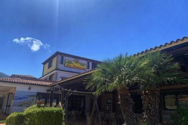 Restaurace s palmami před vchodem pod modrou oblohou.