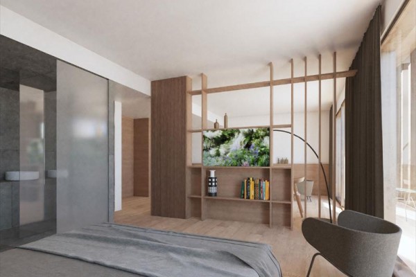 Moderně zařízený interiér ložnice s knihovnou a televizí na dřevěném regálu.
