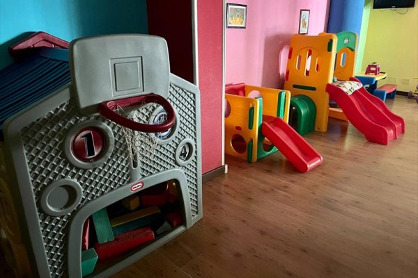 Dětský koutek s barevnými plastovými skluzavkami a prolézačkami na dřevěné podlaze.