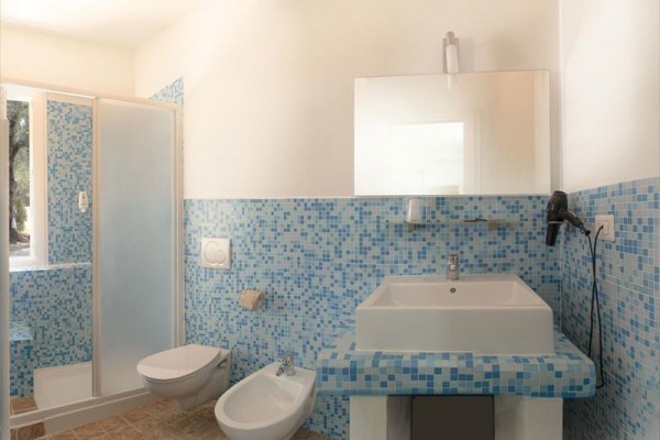 Koupelna s modrou mozaikou obsahující sprchový kout, toaletu, bidet a umyvadlo s velkým zrcadlem.
