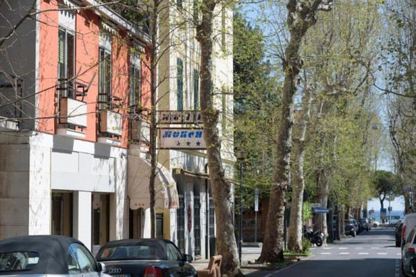 Ulice lemovaná stromy s pohledem na budovy a zaparkovaná auta.