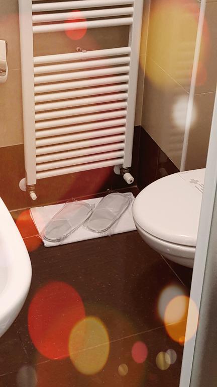 Koupelna s toaletou, radiátorem a papuči na podložce.
