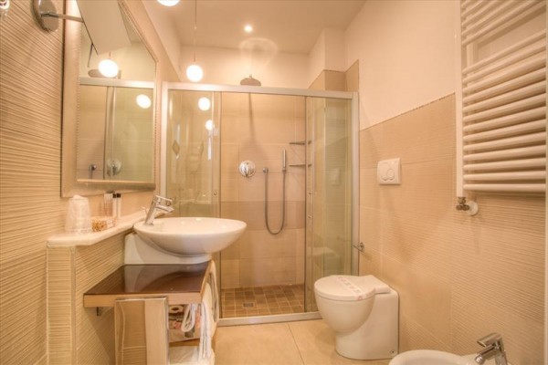 Moderní koupelna s proskleným sprchovým koutem, umyvadlem a WC.