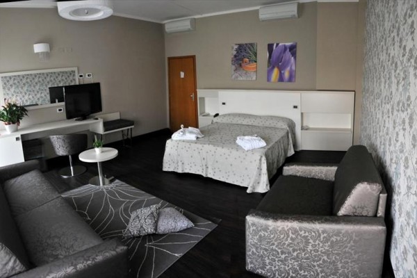 Pokoj v hotelu se dvoulůžkem, gaučem, televizí a dekorem v neutrálních barvách.  