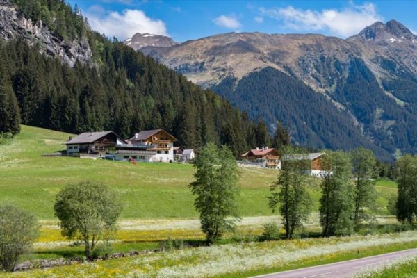 Malebná horská krajina s lesy, loukami a domy na úpatí kopců.