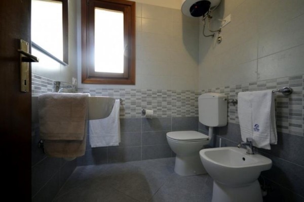 Koupelna s umyvadlem, toaletou, bidetem a ručníky na věšácích.